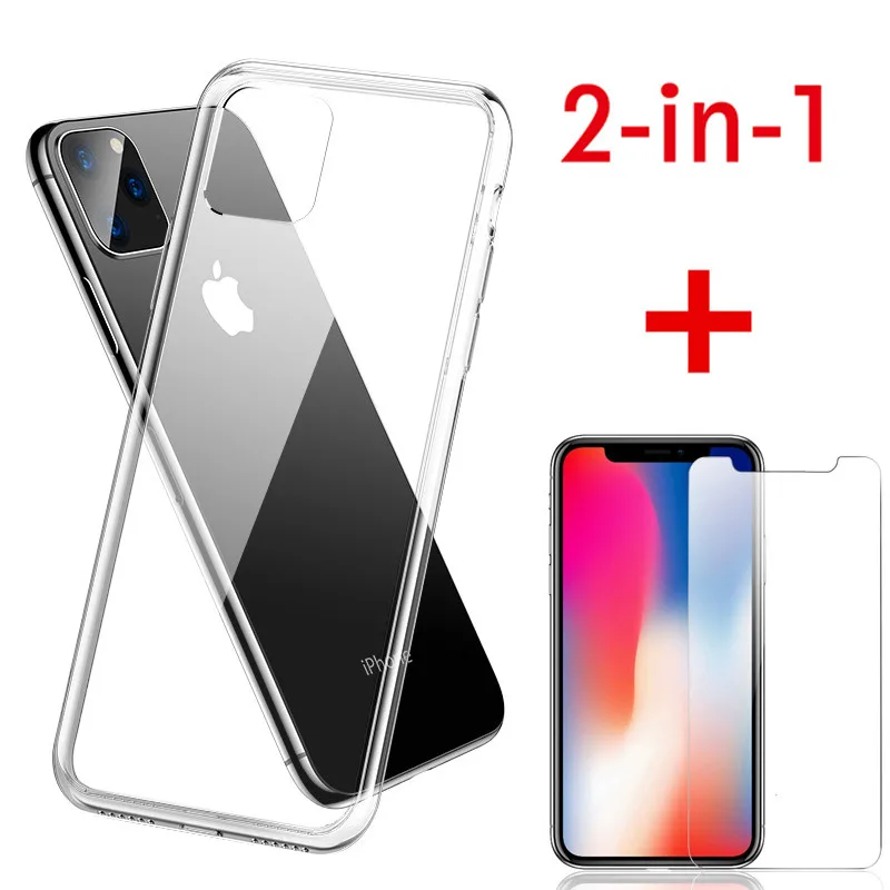2 в 1 для iPhone 11 чехол тонкий прозрачный мягкий TPU переднее закаленное стекло Pro Max