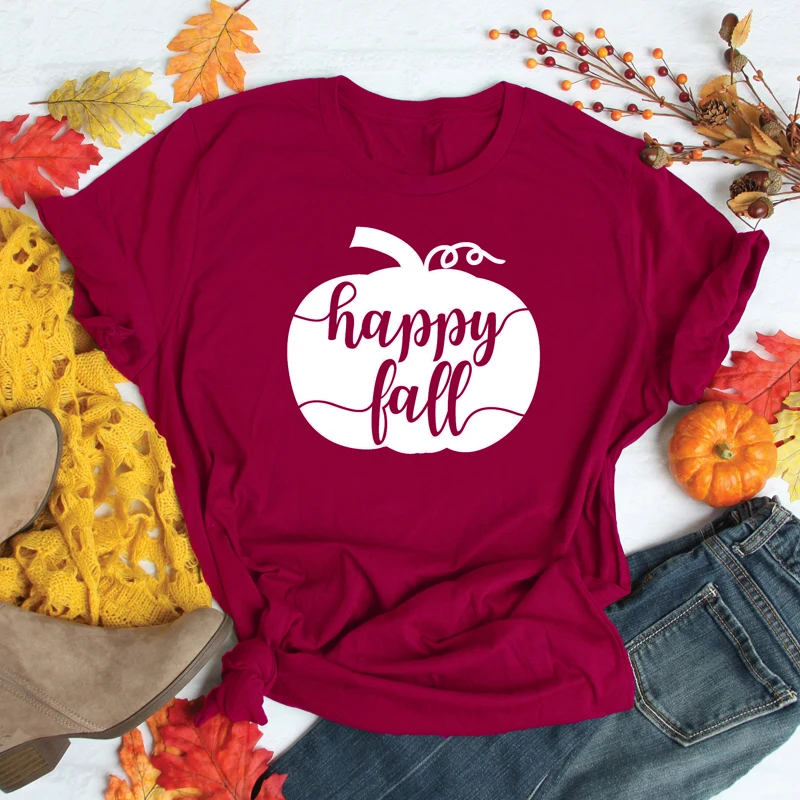 Happy Fall Pumpkin Print T-shirt Women O-Neck Graphic Funny Tees Tops Stylish Tumblr Autumn Harvest Thanksgiving T Shirt | Женская