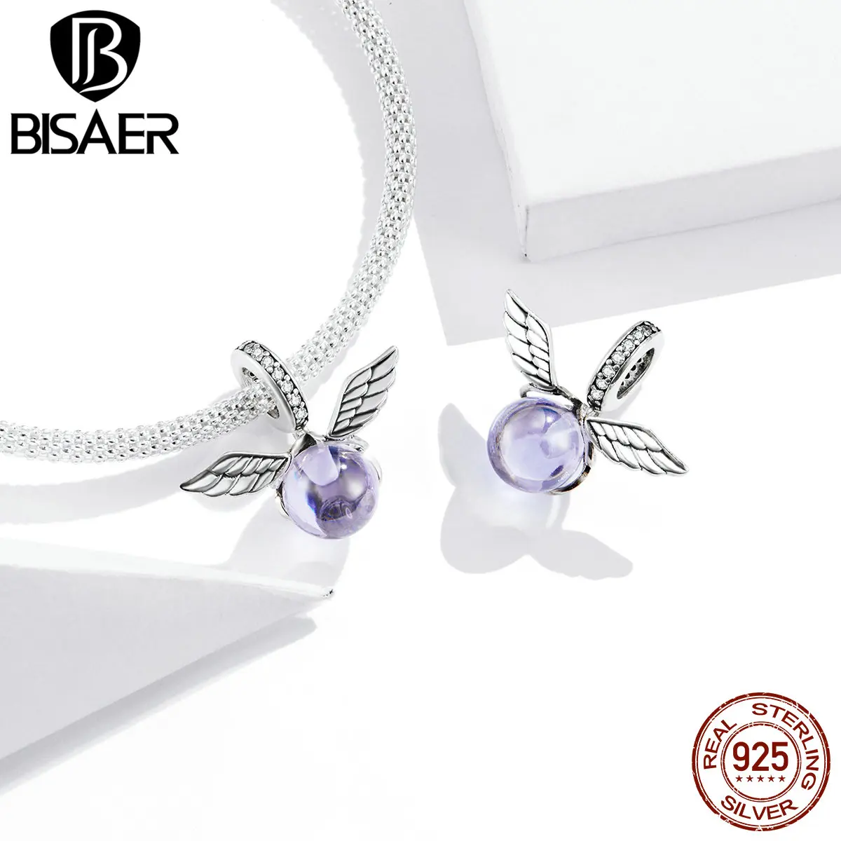 Подвески BISAER из стерлингового серебра 925 пробы с фиолетовыми шариками эльфа