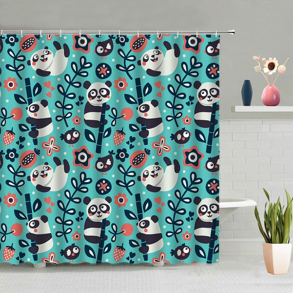 

Cartoon Panda Shower Curtain Fox Elephant Dinosaur Tree Plant Children's Room Decoration Animal Curtains Hanging With Hook Set