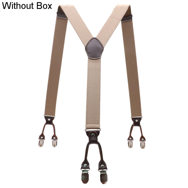 Khaki Without Box Мужские модные подтяжки коричневые из натуральной кожи 6 зажимы подтяжек винтажные повседневные брюки в западном стиле регулируемые подтяжки - Цвет: Khaki Without Box