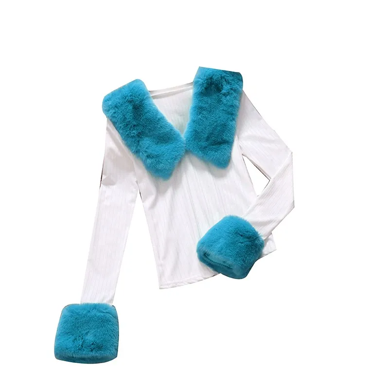 

2021 spring new female V-neck Long sleeve cotton with Mink fleece shirts women elegant waist slim blouses fairy shirt