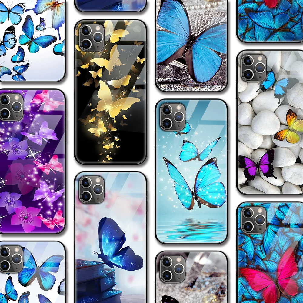 

Butterfly Cute Funda Case for Iphone 12 Pro case for Iphone 12 11 XR Pro XS MAX X 7 8 6 6S Plus SE 2020 Tempered Glass Case Capa
