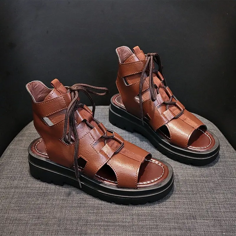 

Women Gladiator Summer Sandals Hollow Out Hollow Out Pu Leather Cross-tied Platform Wedge Heel Open Toe 2021 Casual Shoes Ladies