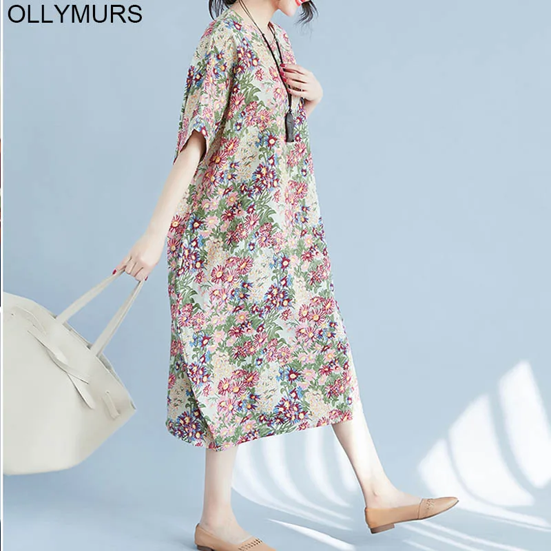 2019 Summer Fashion Loose Dress 4XL 5XL 6XL 7XL Plus Size Cotton Linen Women Art Printed Short Sleeve Floral Maxi | Женская одежда