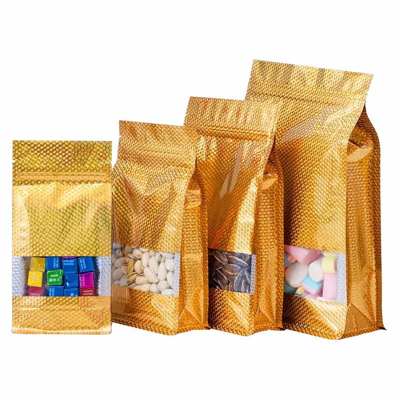 

50pcs Laser Gold Aluminum Foil Window Bag Resealable Holographic Biscuit Sugar Coffee Beans Snack Nuts Gifts Packaging Pouches
