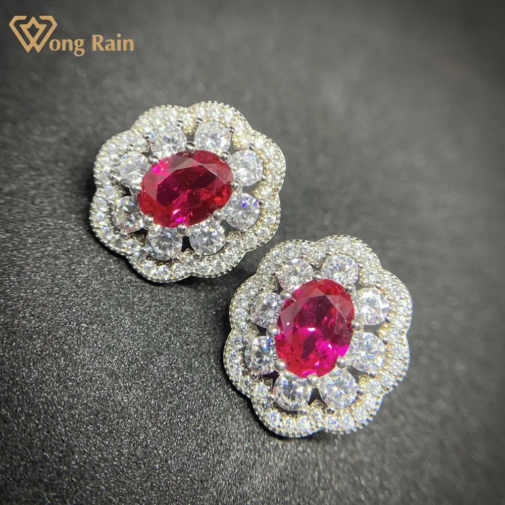 

Wong Rain 100% 925 Sterling Silver Oval Cut Ruby Created Moissanite Gemstone Engagement Vintage Ear Studs Earrings Fine Jewelry