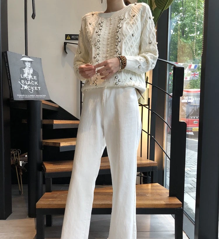 2020 Vintage Women Sweater And Pullovers Pearl Beading Long Sleeve Knitted White Tricot Pull Femme | Женская одежда