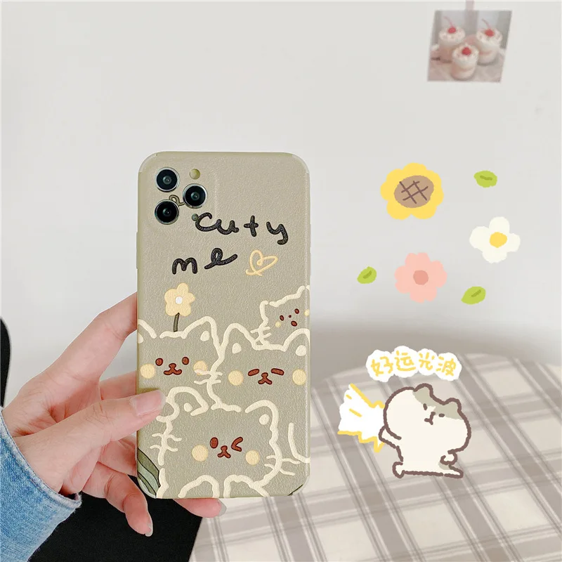 

Retro Sweet line art cat kawaii japanese Phone Case for Apple iPhone 12 11 Pro Max Xr Xs Max 7 8 Plus 7Plus case Cute Soft cover