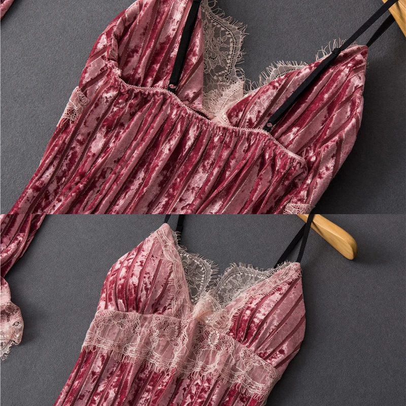

4 Pieces Velvet Women Pajamas Set Winter Sexy Sleepwear Stripe Elegant Warm Lace Robe Femme Home Clothes With Chest Pad Pyjama