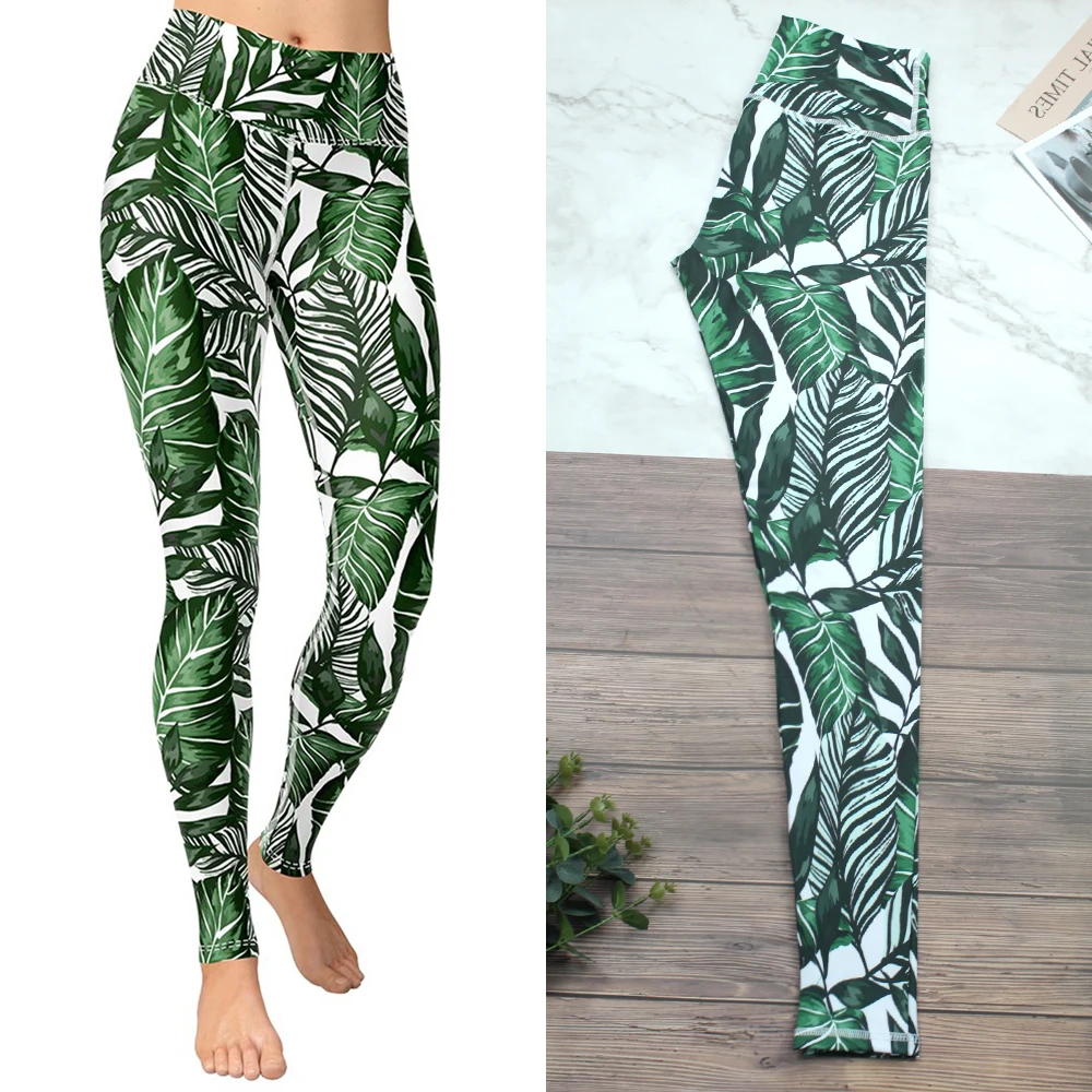 

Леггинсы для йоги с принтом зеленых листьев, женские эластичные спортивные брюки с высокой талией, дышащие леггинсы, Леггинсы для спортзала...