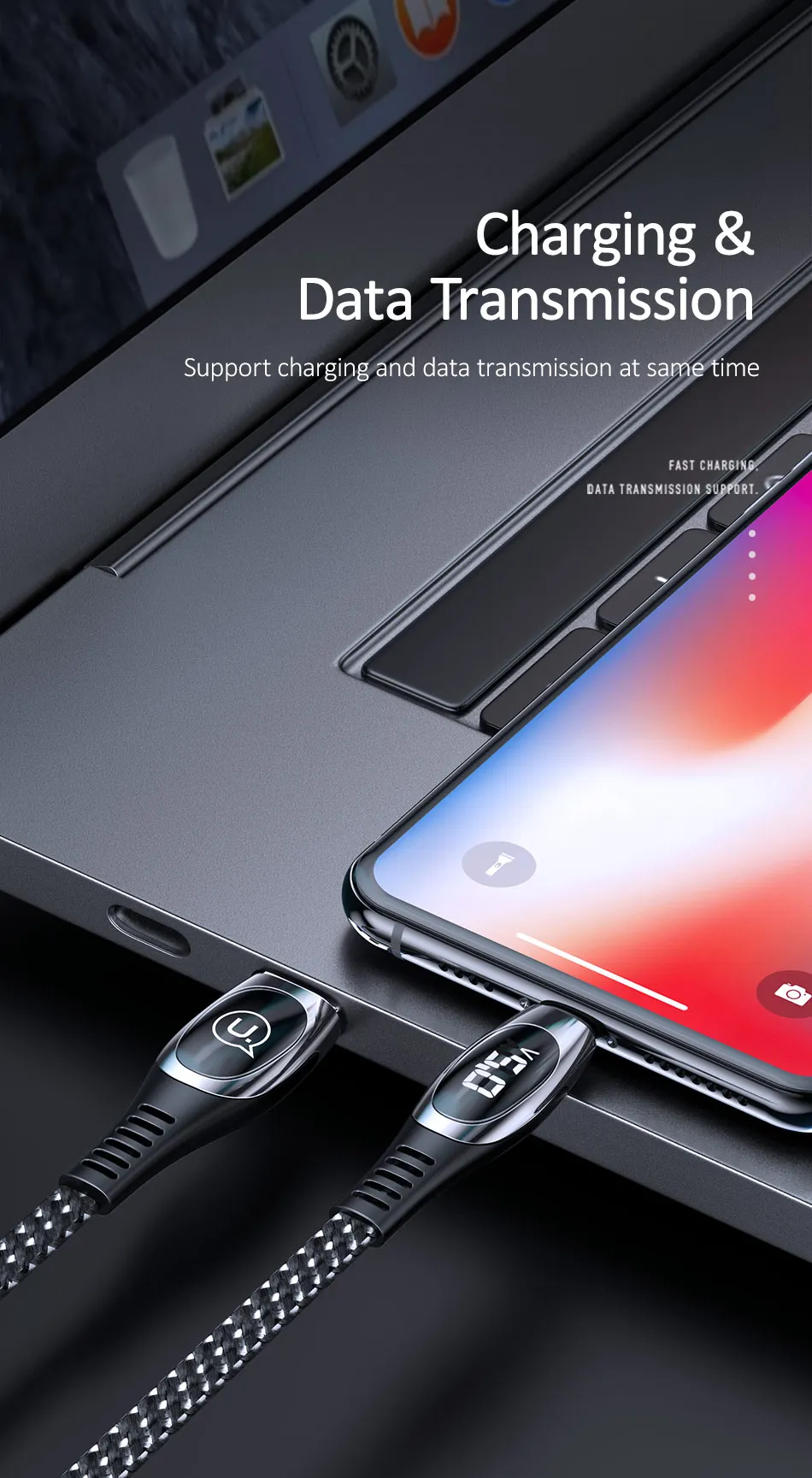 USAMS 2 м кабель для iphone X XS Max XR 8 7 6 6s plus SE 5S светодиодный дисплей кабель 2A кабель передачи данных для быстрой зарядки для iphone Кабель зарядного устройства