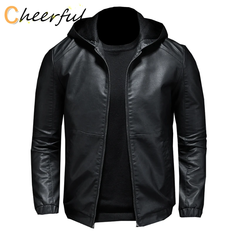 

2021 New Faux Leather Jacket Men's Windproof Slim Large Size Hooded Leather Jacket High Quality Casual Black PU Jacket M-5XL