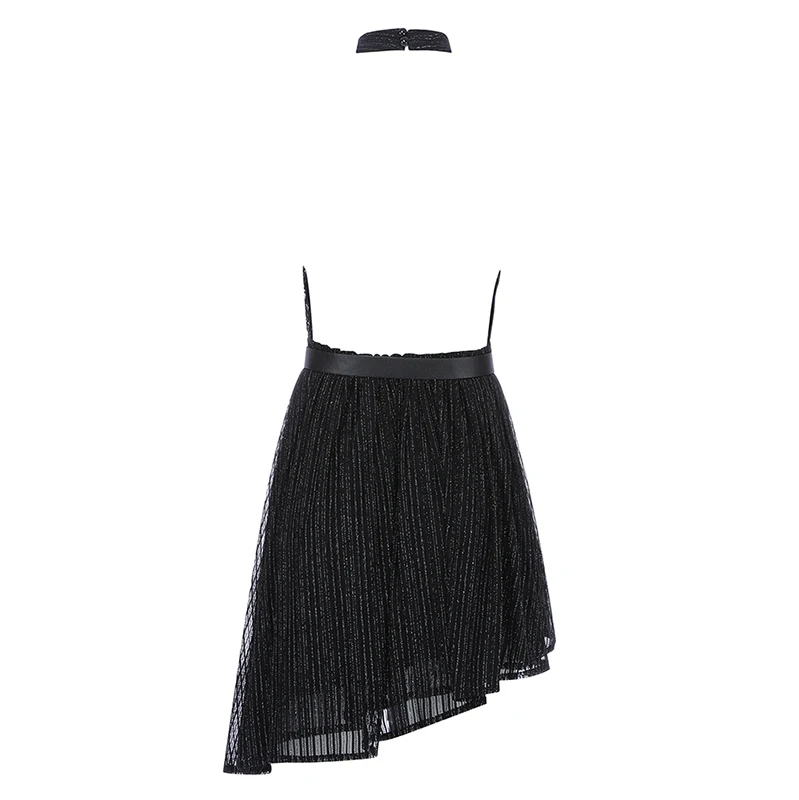

INDRESSME 2019 Summer New Fashion Sexy Women Deep V Halter Sleeveless A- Line Mesh Summer Dress Party Club Backless Ins Dress