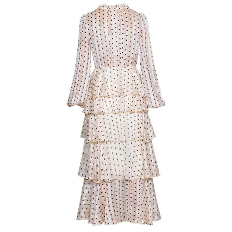 Женское шифоновое платье с каскадными оборками длинное в горошек длинными