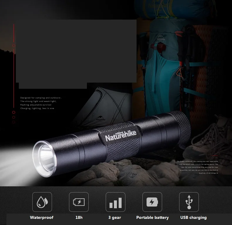 Naturehike USB перезаряжаемый портативный водонепроницаемый мини Сильный светильник