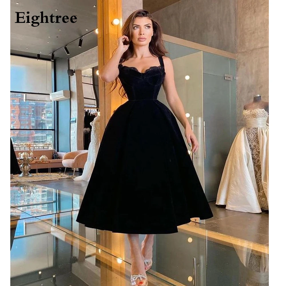 

Eigjhtree 2024 Simple Black Velour Short Prom Dresses Halter Boning Slim Bodice Tea Length Evening Party Gowns
