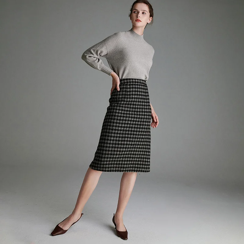 

SHZQ, серая, черная клетчатая юбка с запахом на бедрах, новинка 2021, осенне-зимняя клетчатая двухсторонняя шерстяная юбка с высокой талией, трап...
