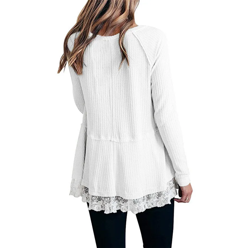 Slim Sweater Female Tops Womens Casual Long Sleeve Knot Waffle Knit Tunic Lace Blouse Cute Shirts Fashion Knitted Soft |