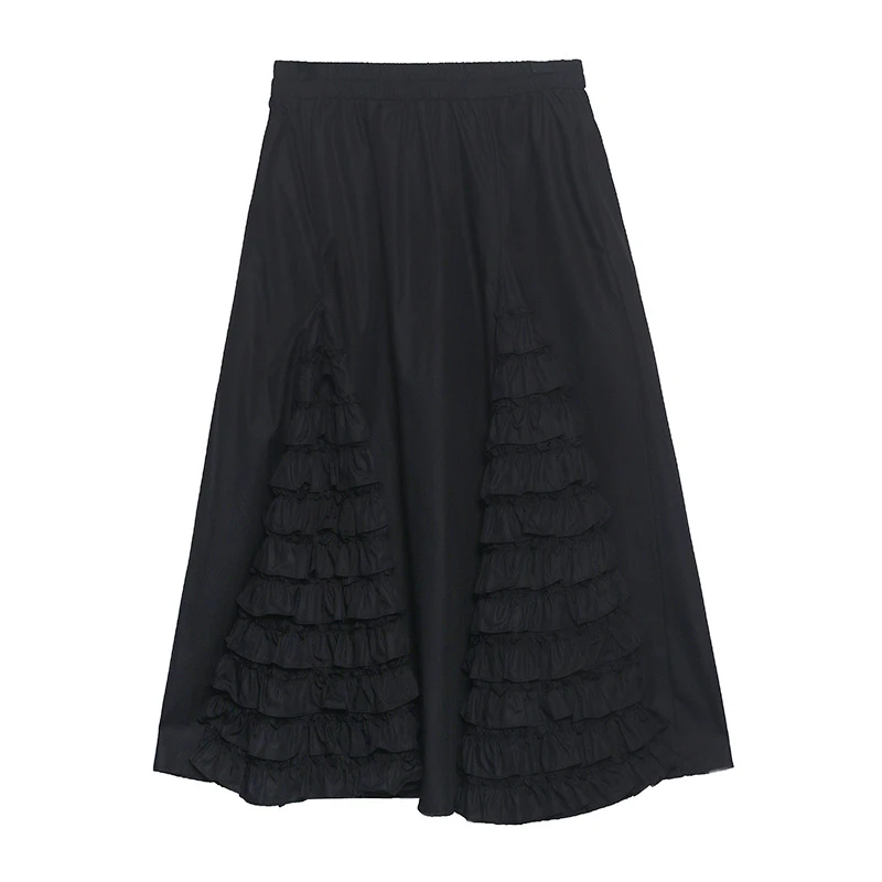 

Harajuku Korean Black Midi Skirt For Women Office Lady Cotton High Waist Half Length Elastic Skirt Female Autumn Streetwear 2021
