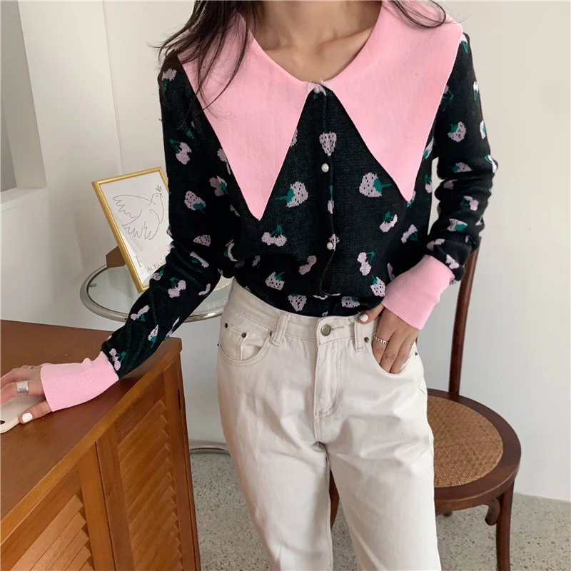 Женский милый свитер с принтом клубника и кардиганы вязаный лоскутный топ