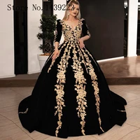 sofuge velvet evening dresses gorgeous ball gown long sleeve v neck arabic golden lace velvet women formal evening gowns
