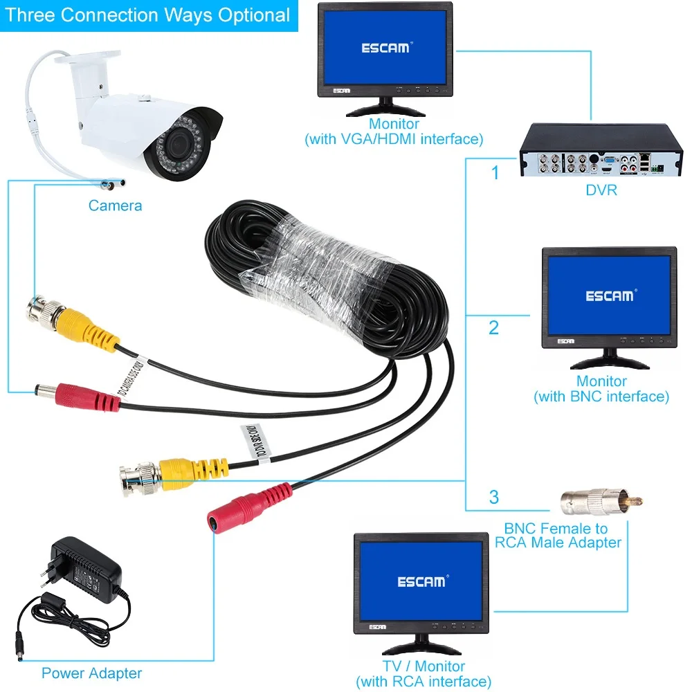 ESCAM 10~ 60 м CCTV DVR камера рекордер система видео кабель DC мощность безопасности наблюдения BNC кабель