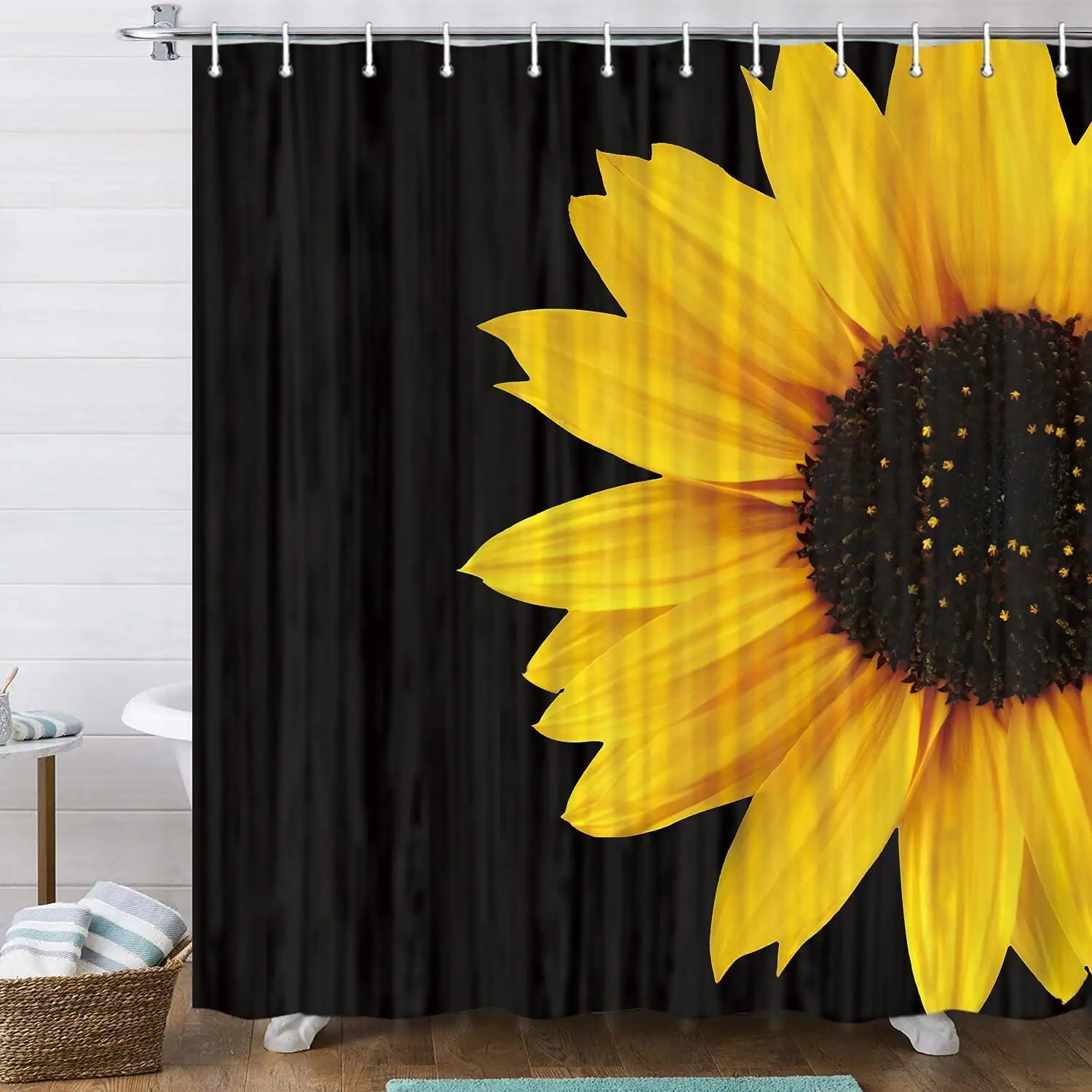 

Fall Sunflower Shower Curtains, Autumn Flower Nature Lovers Black and Yellow Art Floral Fabric Bathroom Bath Curtain With Hooks
