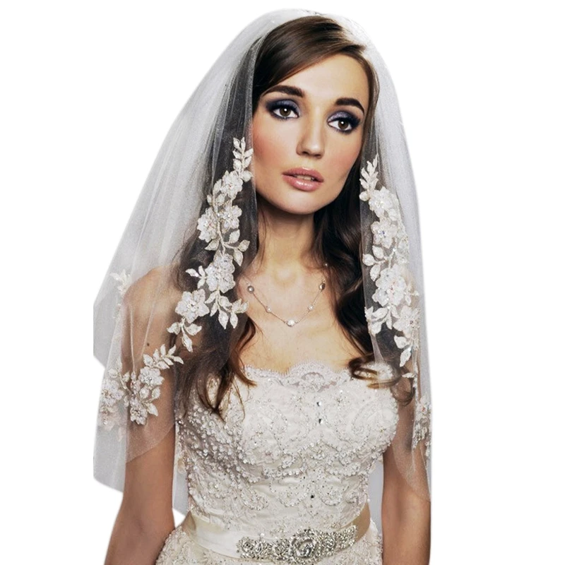 

Elbow Length 75Cm Short Veils Two Layers Appliques White Wedding Veils with Pearls Beading Bridal Veils