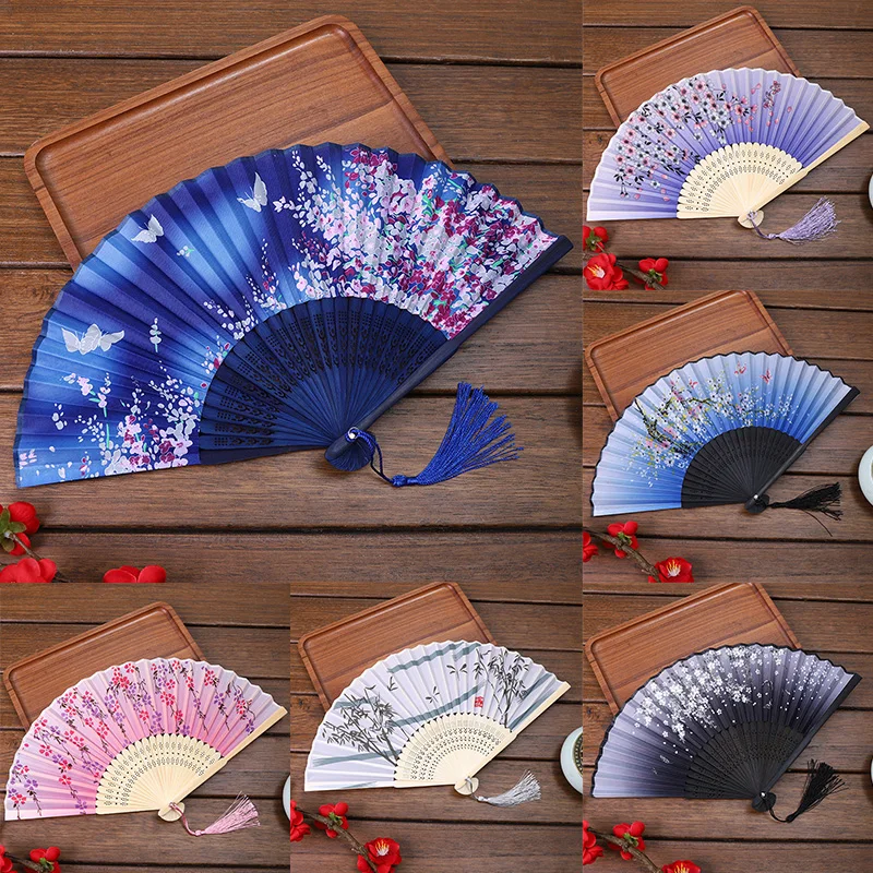 

Vintage Silk Folding Fan Retro Chinese Japanese Bamboo Tassel Plum Blossom Dance Hand Fan Gift Craft Ornament Home Decoration