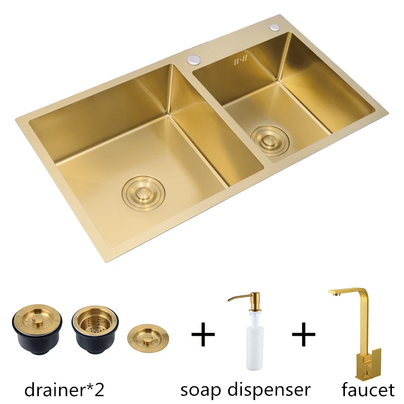 Brushed Gold Kitchen Sink Double Bowl With Faucet Stainless Steel Sink Bowl Undermount Or Above Counter Farmhouse Sink Basin