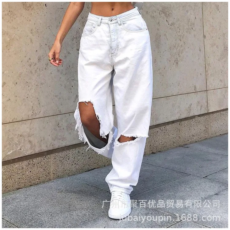 

WEPBEL Women's Casual Solid Color Loose Jeans Spring and Autumn Fashion Mid Waist Ripped Vintage Denim Straight Pants