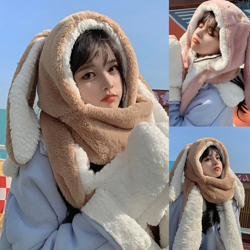 

Rabbit Ear Hat Sweet Cartoon Cute Winter Gift Windproof Scarf and Gloves Set Cute Winter Thick Hoodies Scarf with Mitten