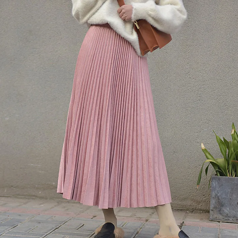 

Autumn Winter Suede Pleated Skirts Women Elegant Loose High Waist A-Line Skirt Female Faldas Elastic Vintage Ladies Skirts Q5348