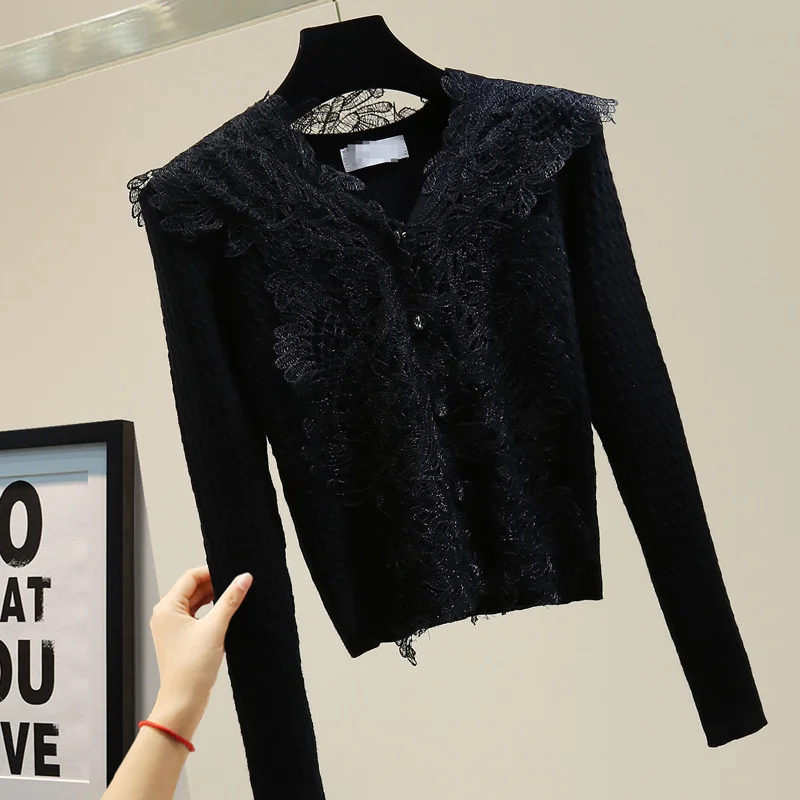 

Spring 2021 Korean Style Slim Fit Trendy V-neck Lace Stretch Knitted Top Sweet Cardigan Sweater Coat