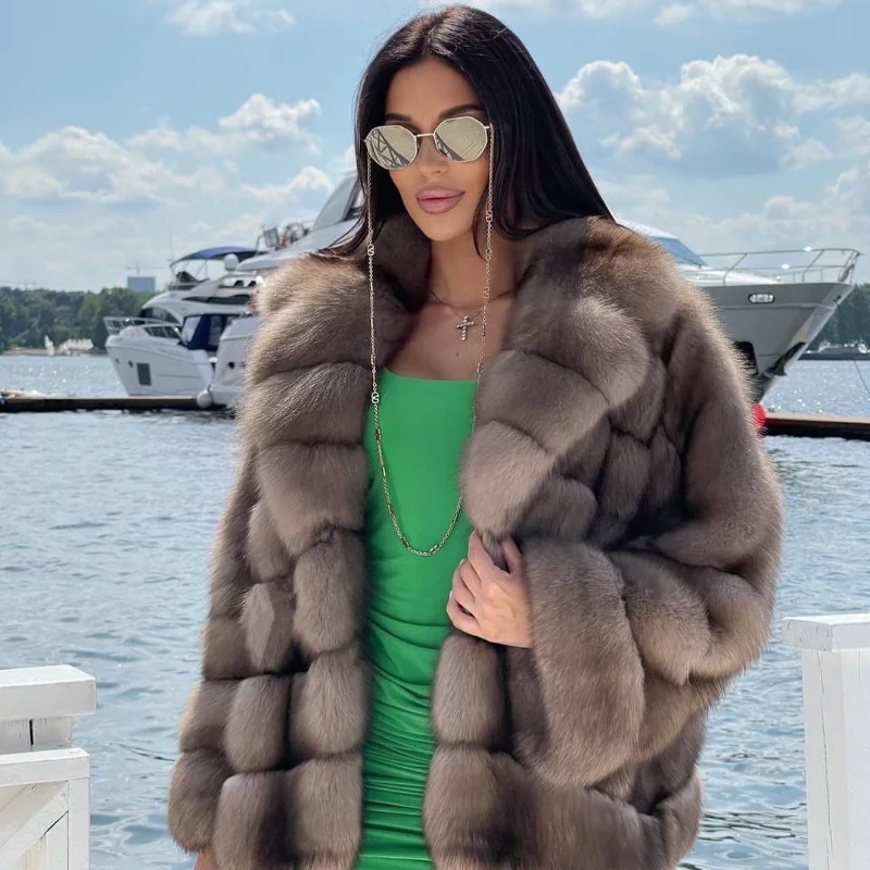 Enlarge Sable Color Natural Fox Fur Jacket Women Spring Luxury Warm Outertwear Long Sleeve Lapel Genuine Real Fur Coat Lady Topfur