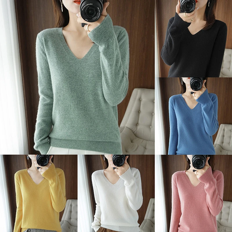

Autumn Winter New Cashmere Sweater Women Keep Warm V-neck Pullovers Knitting Sweater Fashion Korean Long Sleeve Loose Tops