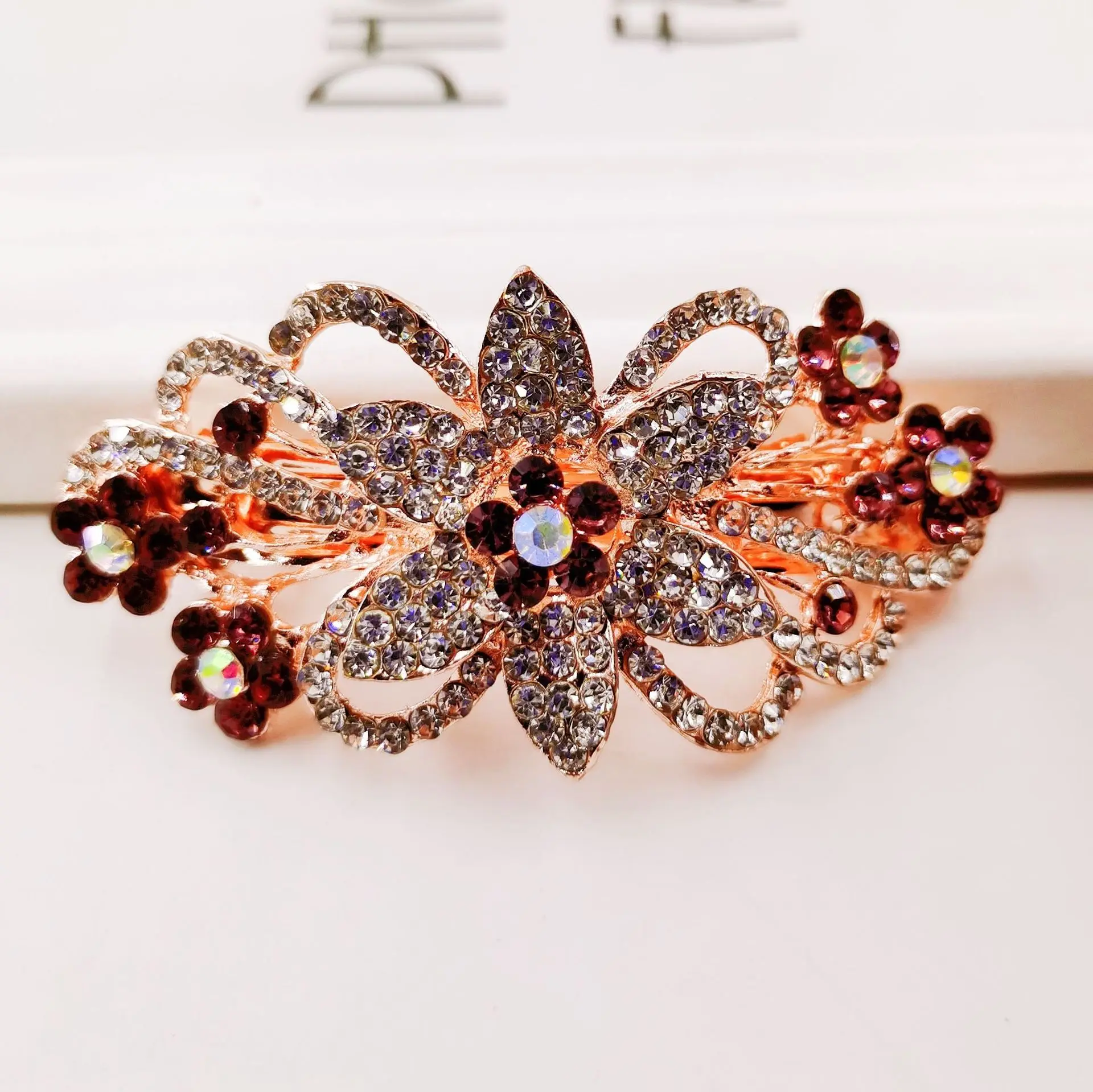 

2020 European version of the new fashion 8 cm color inlaid rhinestone hairpin rose gold alloy spring clip hair accessories A27