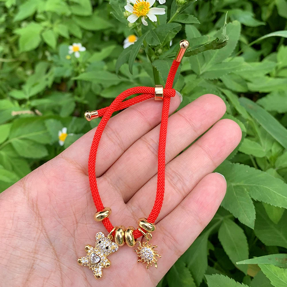 

Hand-making String Bracelet Gold-plated CZ Micro Pave Little bear Enamel Star/Moon Pendant Adjustable Bangle Bulk wholesale