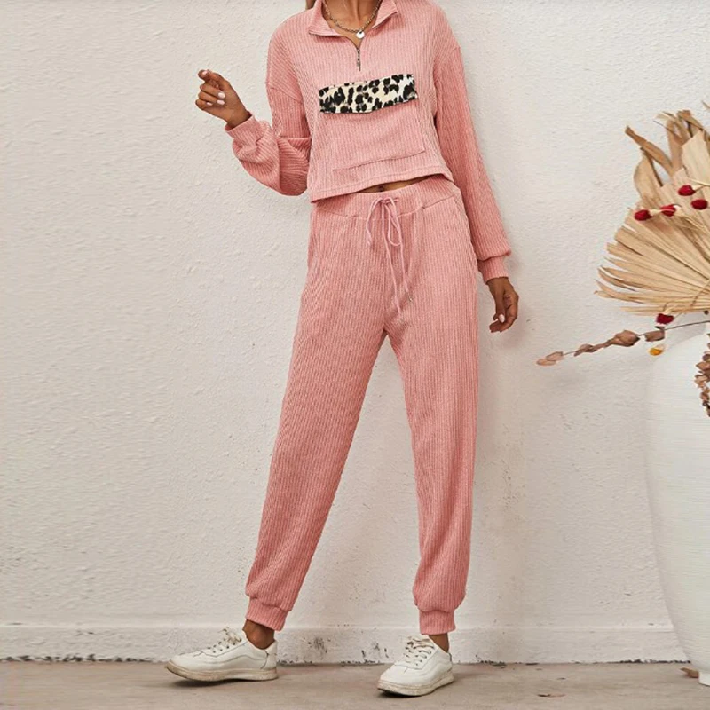 

2021 Spring Casual Women Tracksuit Two Piece Set Fashion Leopard Patchwork Print Tops And Long Pants Ladies Sexy Zip V Neck Suit