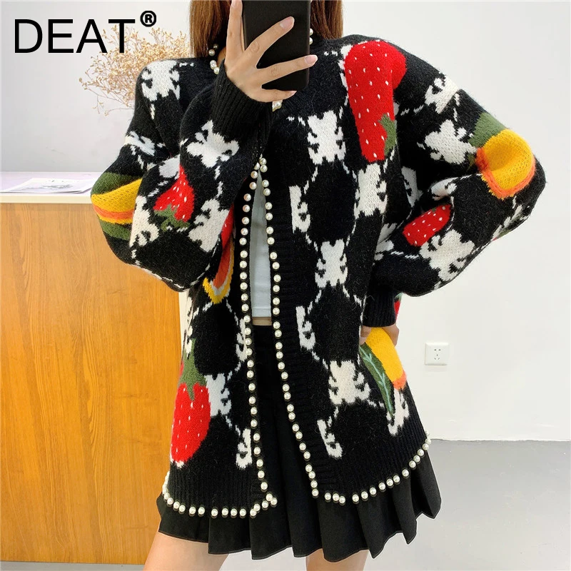 

DEAT Autumn 2021 Fashion New Interesting Jacquard Heavy Industry Pearl Sweater Lazy Wind Sweater Knitted Cardigan 7I0860