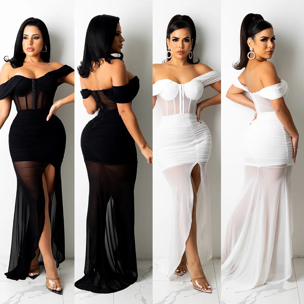 

Pure Color One-shoulder Mesh Short-sleeved See-through Dress Sexy Bar Party Catwalk Long Skirt Autumn 2021 Women Fashion Clothes