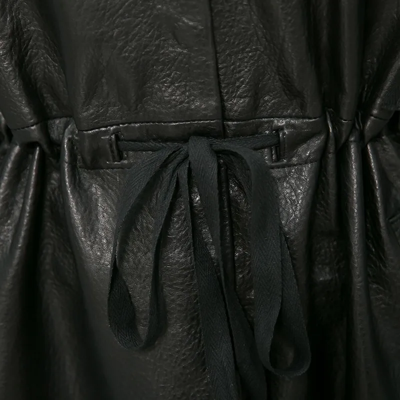 2020 Модный женский черный длинный Тренч из натуральной овечьей кожи с капюшоном и