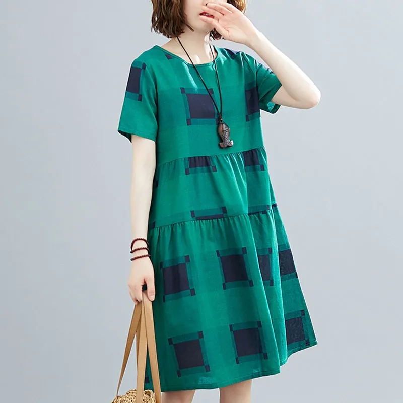 Женское Повседневное платье в клетку свободное хлопково-льняное Платье До