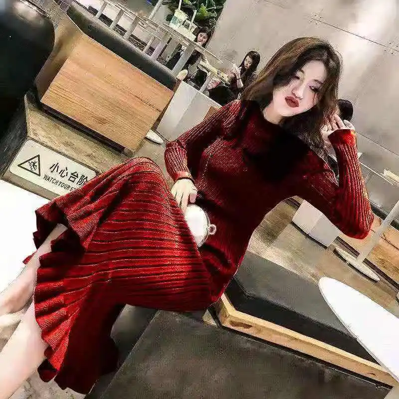 

Women 2021 Autumn Winter New Fashion Knitted Mermaid Dresses Female Long Slim Sweater Dress Ladies O-neck Warm Vestidos Q270