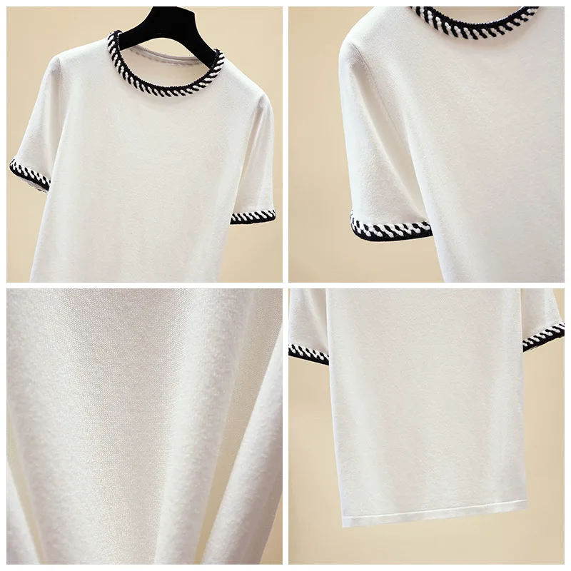 

Elegant Patchwork Short Sleeve White Women Knitted Sweater O-neck Pullover Fashion Black Tops