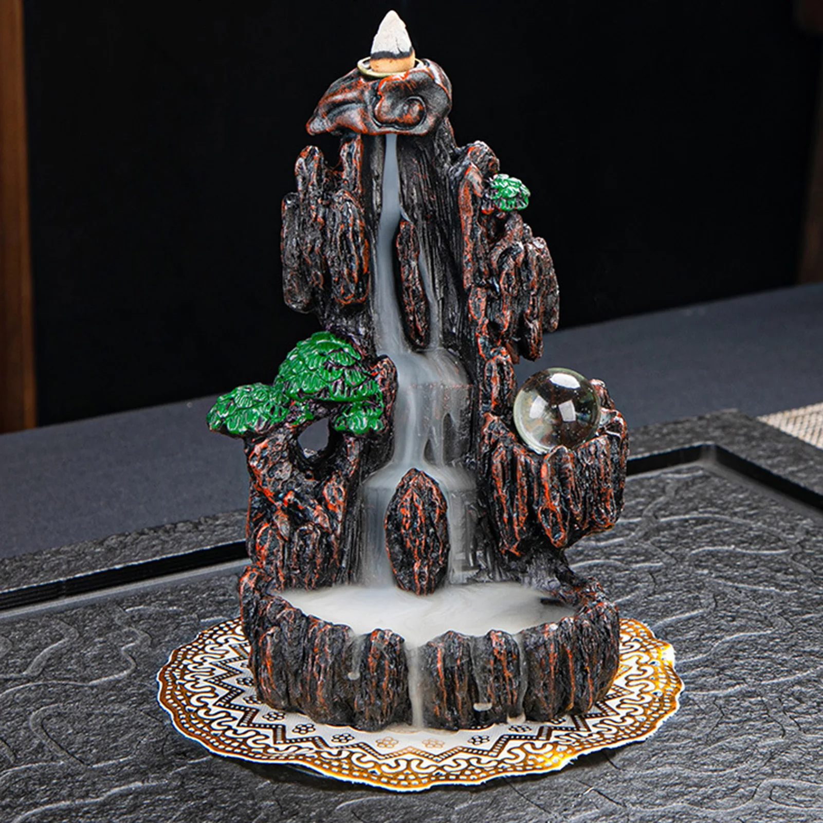 

Resin Backflow Waterfall Smoke Incense Burner River Mountain Incense Fragrance Holder With 50Cones Anti-slip Mat Home Decor