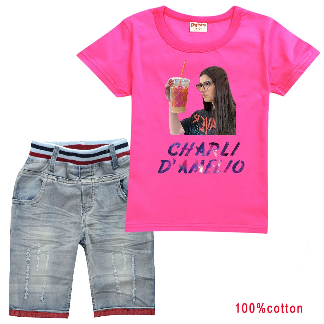 

2021 Summer Charli D'Amelio Merch T Shirt Baby Girls Short Sleeve T-shirt + Denim Shorts 2 Pcs Set Toddler Boys Cartoon Clothing