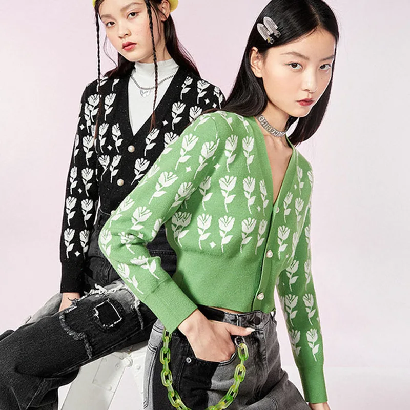

Spring Autumn Winter Women Floral Pattern Knitted Cardigan V-Neck Long Sleeve Crop Tops Green Black Casual Daily Wear Hot Sale