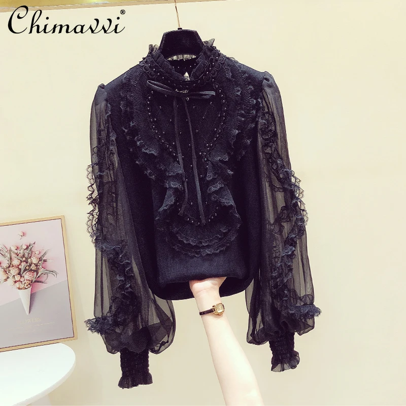 

Lace Stitching Stringy Selvedge Stand Knitwear Women 2021 Spring Fashion Chiffon Long Sleeve Pullover Loose Elegant Women's Top